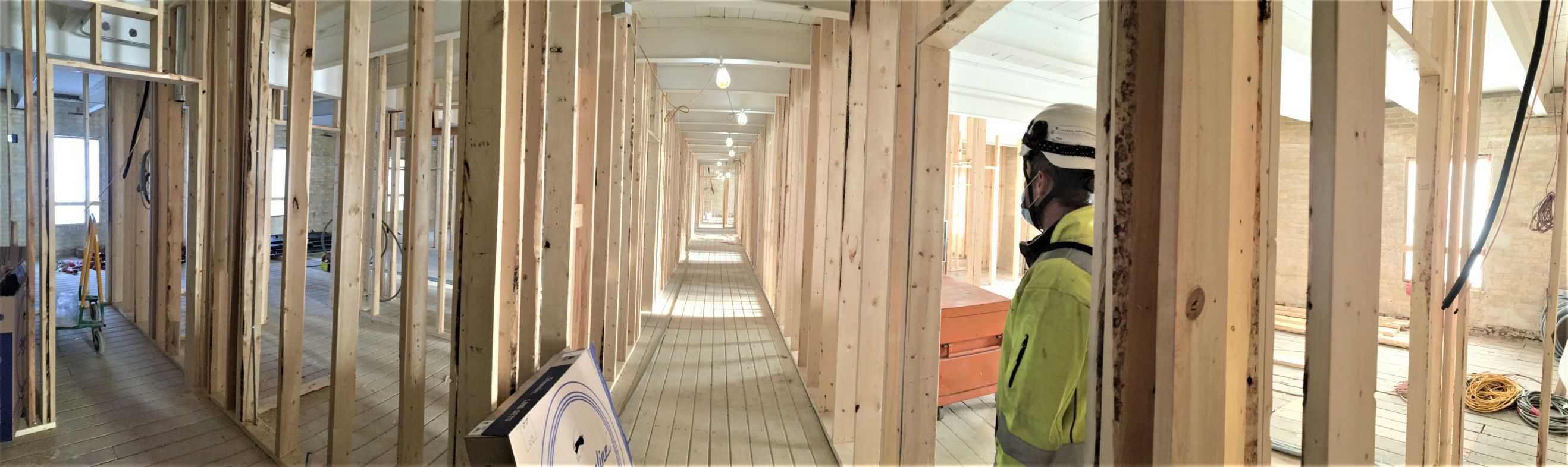 Horlick District Redevelopment - Fourth floor apartment framing work at Horlick Flats, 2100 Northwestern Ave., Racine